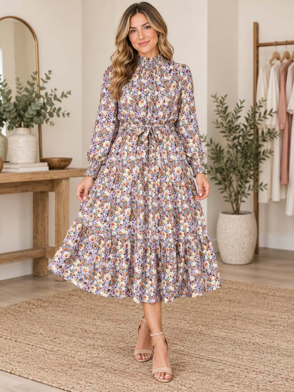 Hayden Los Angeles Floral Tiered Midi Dress Purple Smocked Belted Size S